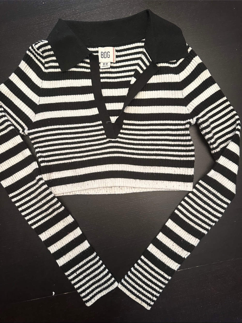 BDG Black & White Striped Cropped Polo Top